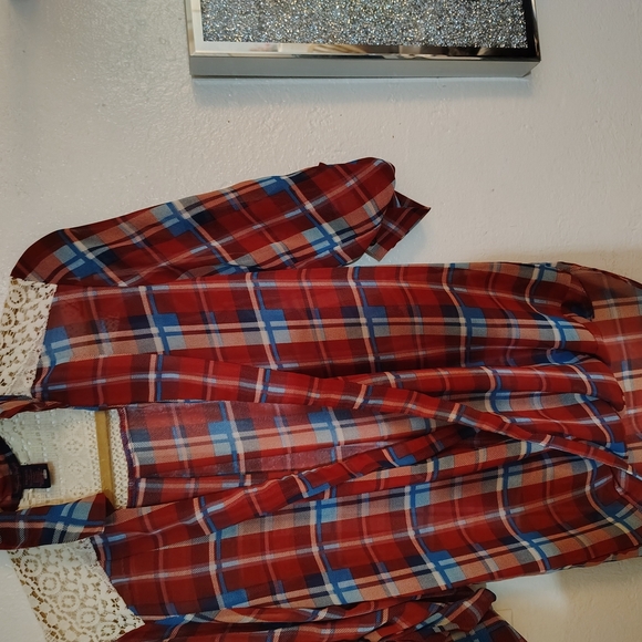 Men's Red Plaid Shirt with Lace Detail - Picture 9 of 16